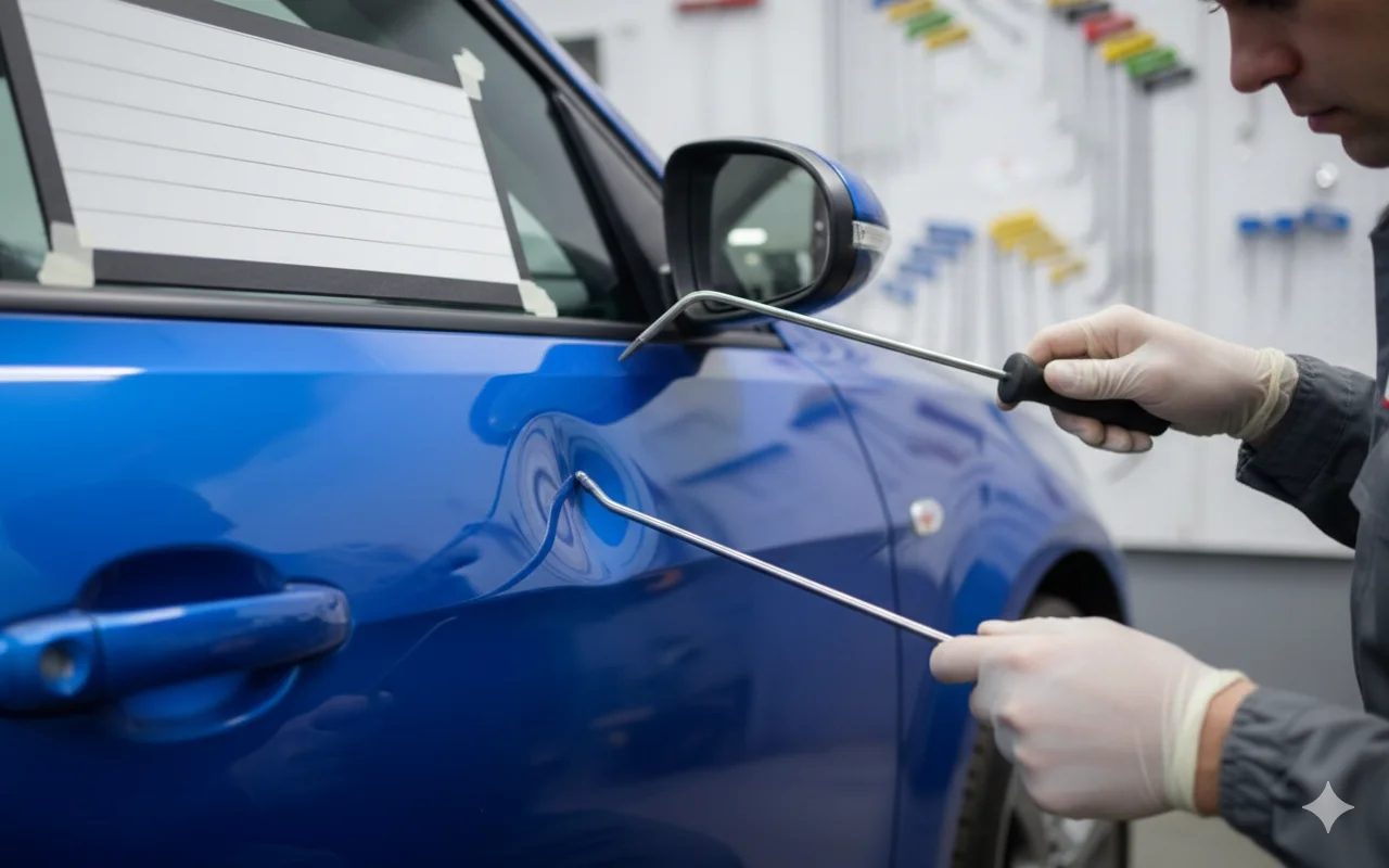 Uzman PDR ustasının elleri ile araç kapısında göçük düzeltme aletlerini kullanması